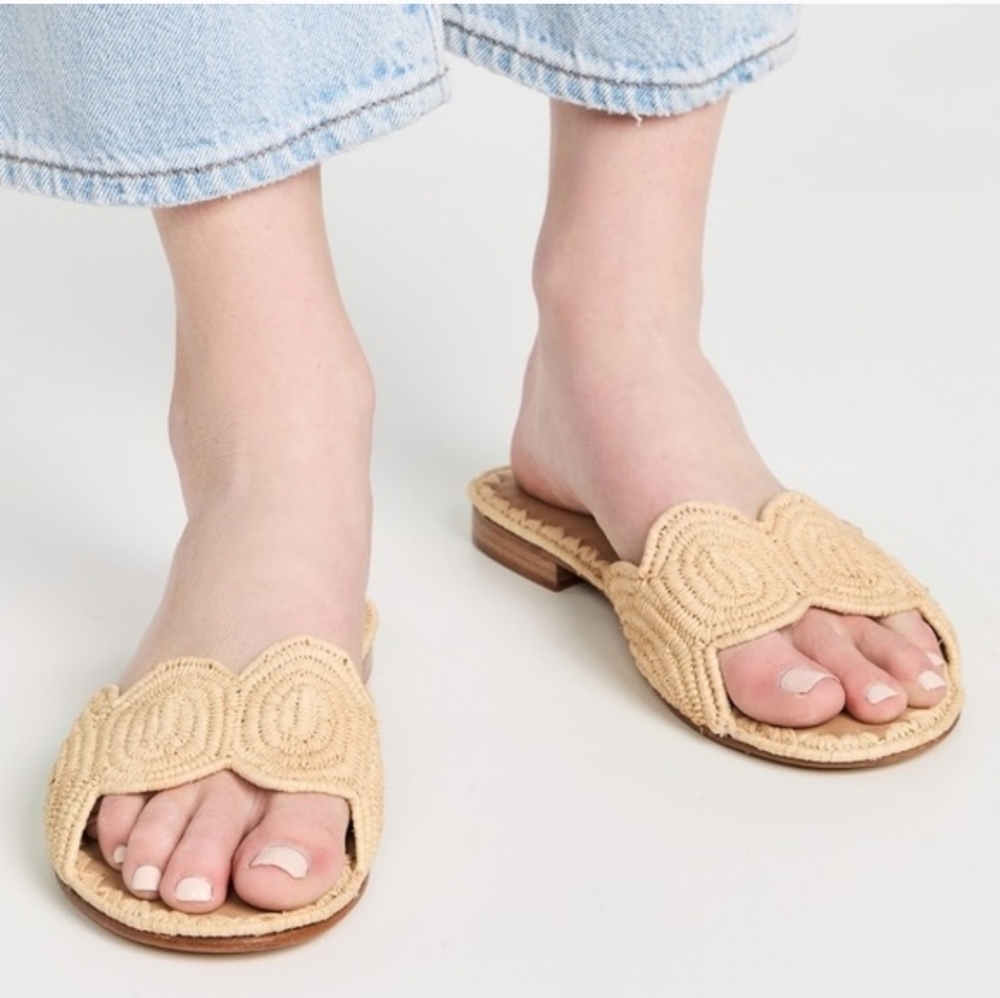 CARRIE FORBES Naima Woven Slide Sandals Raffia Tan